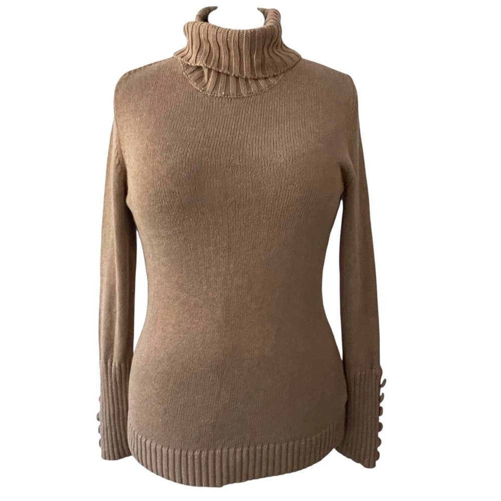Banana Republic long Camel Turtle Neck Cotton Sweater buttoned cuff detail Sz M